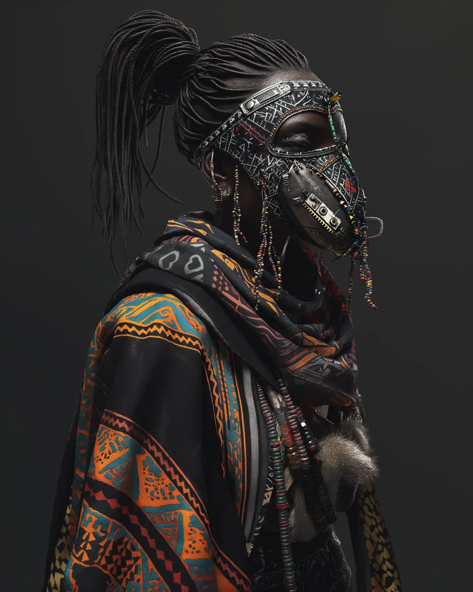 A model embodying the Nomadic Odyssey theme, showcasing futuristic fashion inspired by nomadic cultures worldwide.
